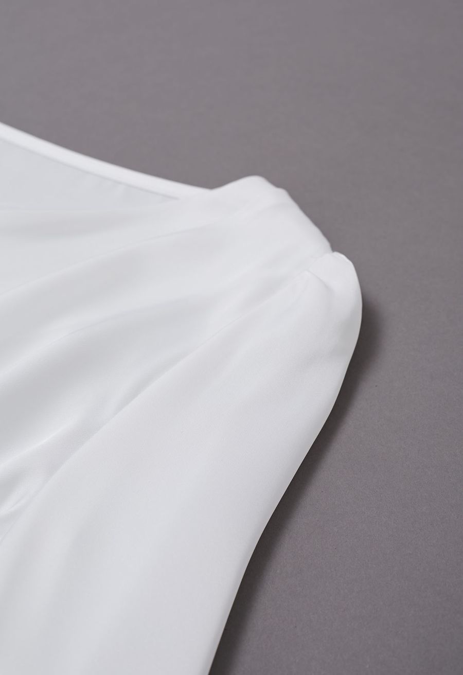 Sequins Floral Lace Drape Neck Satin Shirt in White