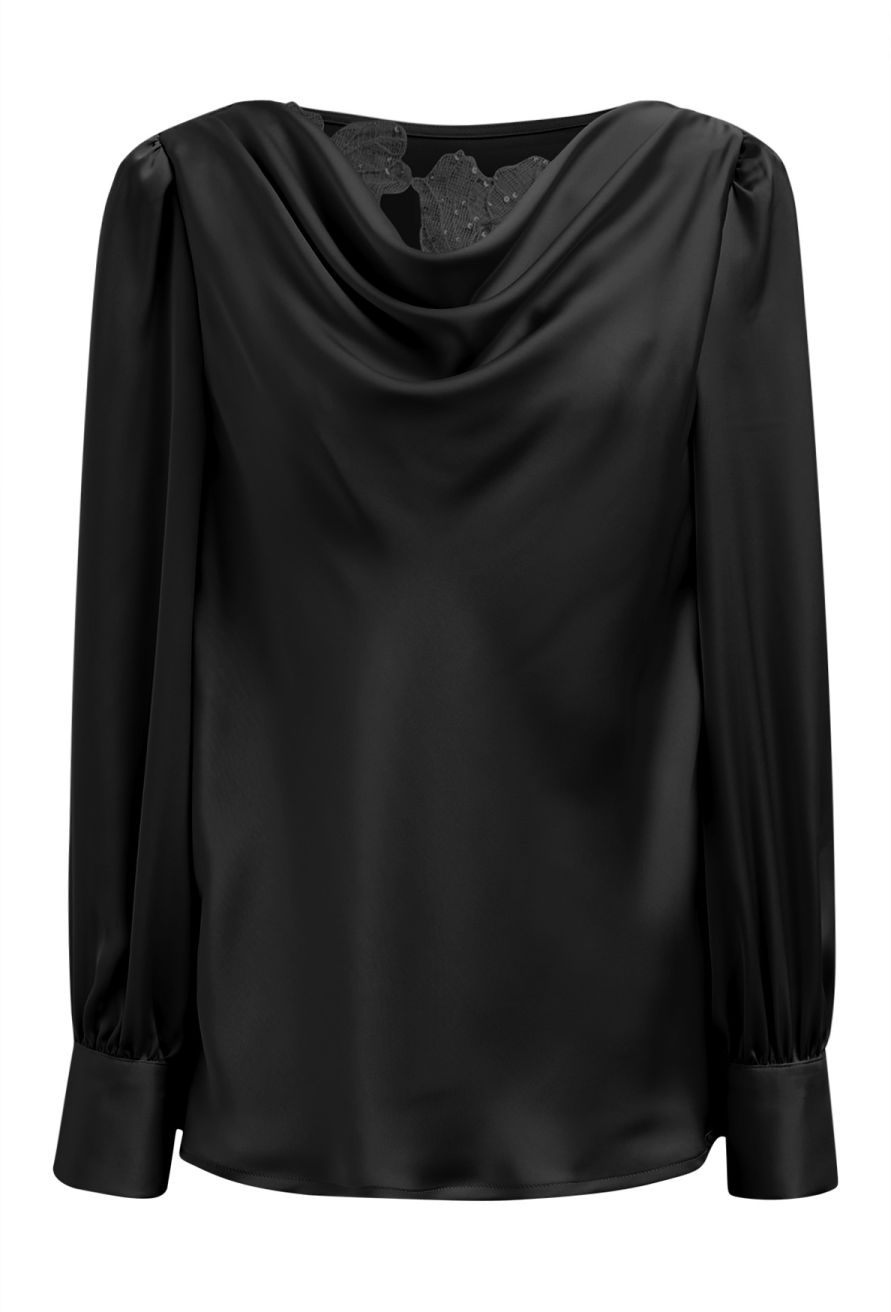 Sequins Floral Lace Drape Neck Satin Shirt in Black