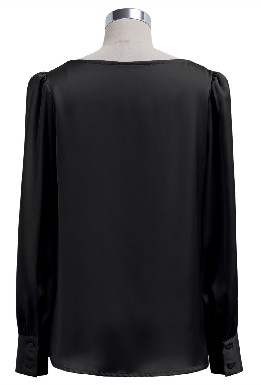 Sequins Floral Lace Drape Neck Satin Shirt in Black