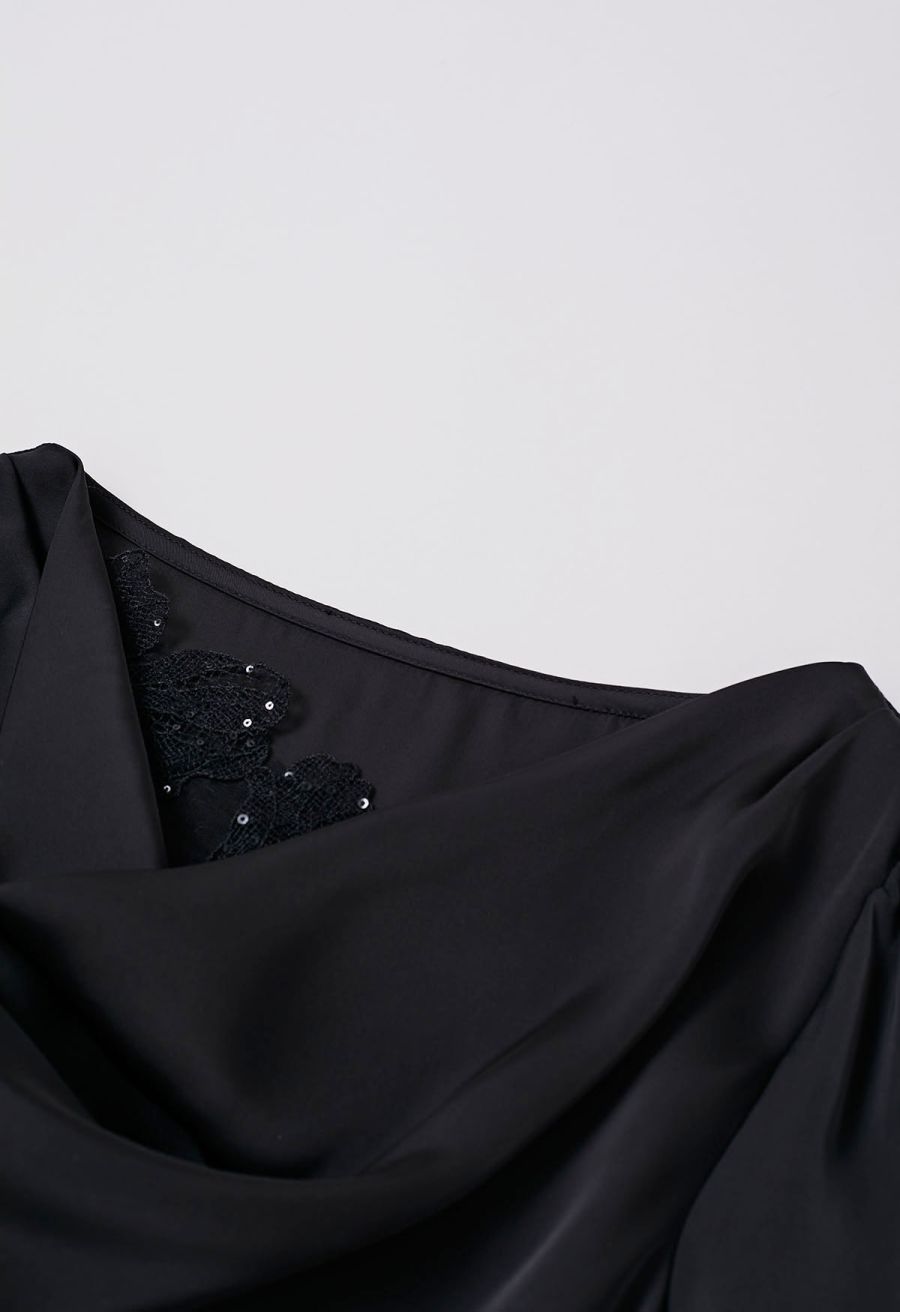 Sequins Floral Lace Drape Neck Satin Shirt in Black