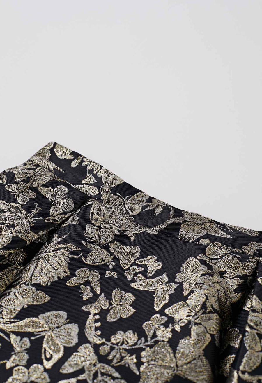 Butterfly Garden Metallic Jacquard A-Line Midi Skirt in Black