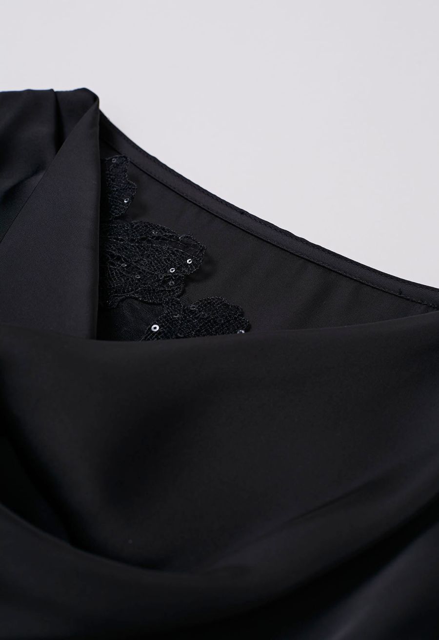Sequins Floral Lace Drape Neck Satin Shirt in Black