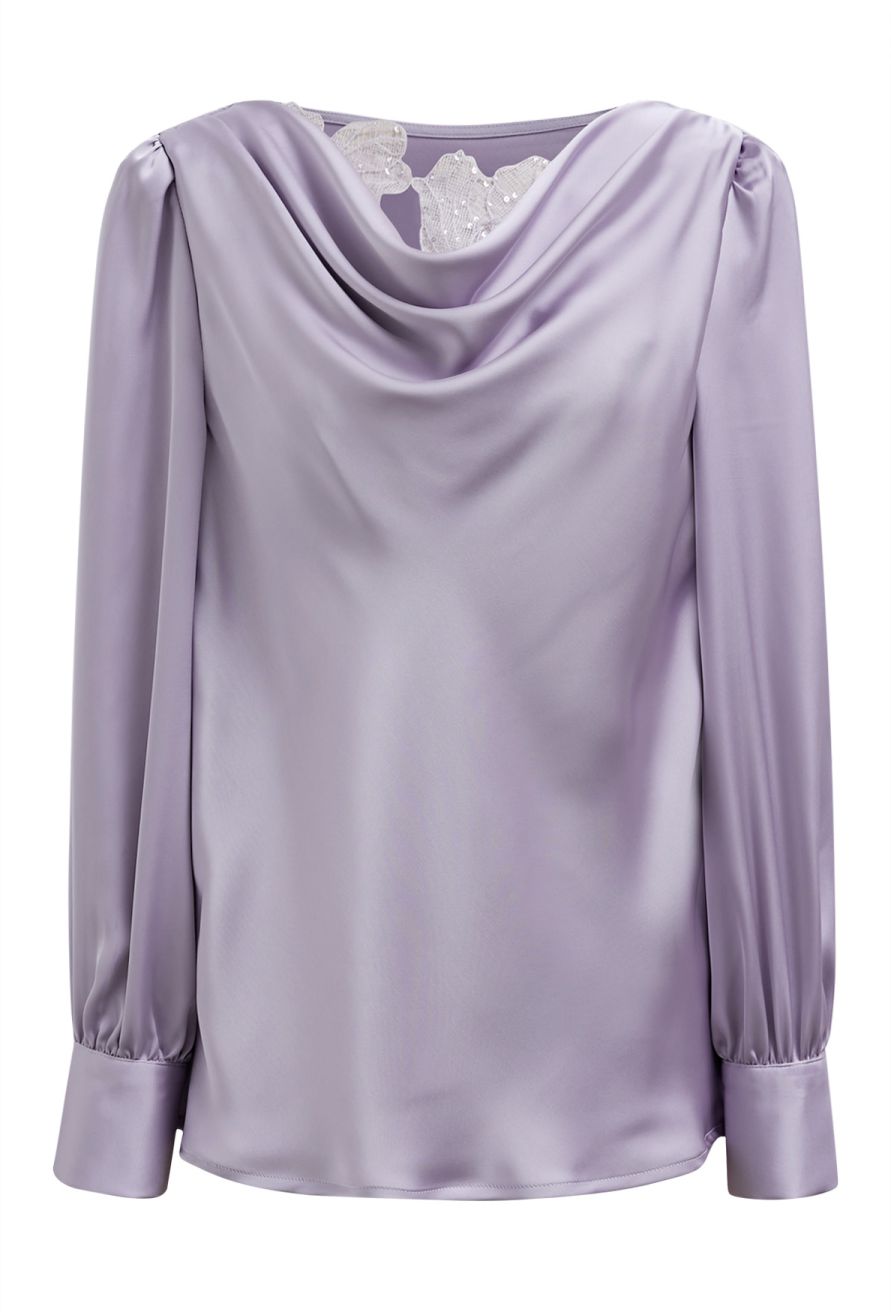 Sequins Floral Lace Drape Neck Satin Shirt in Lavender