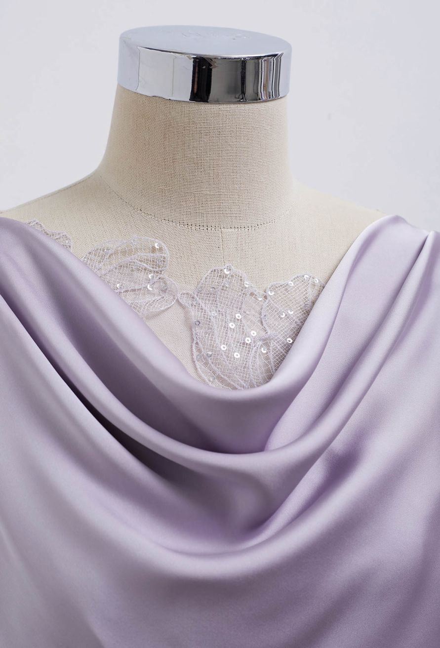 Sequins Floral Lace Drape Neck Satin Shirt in Lavender