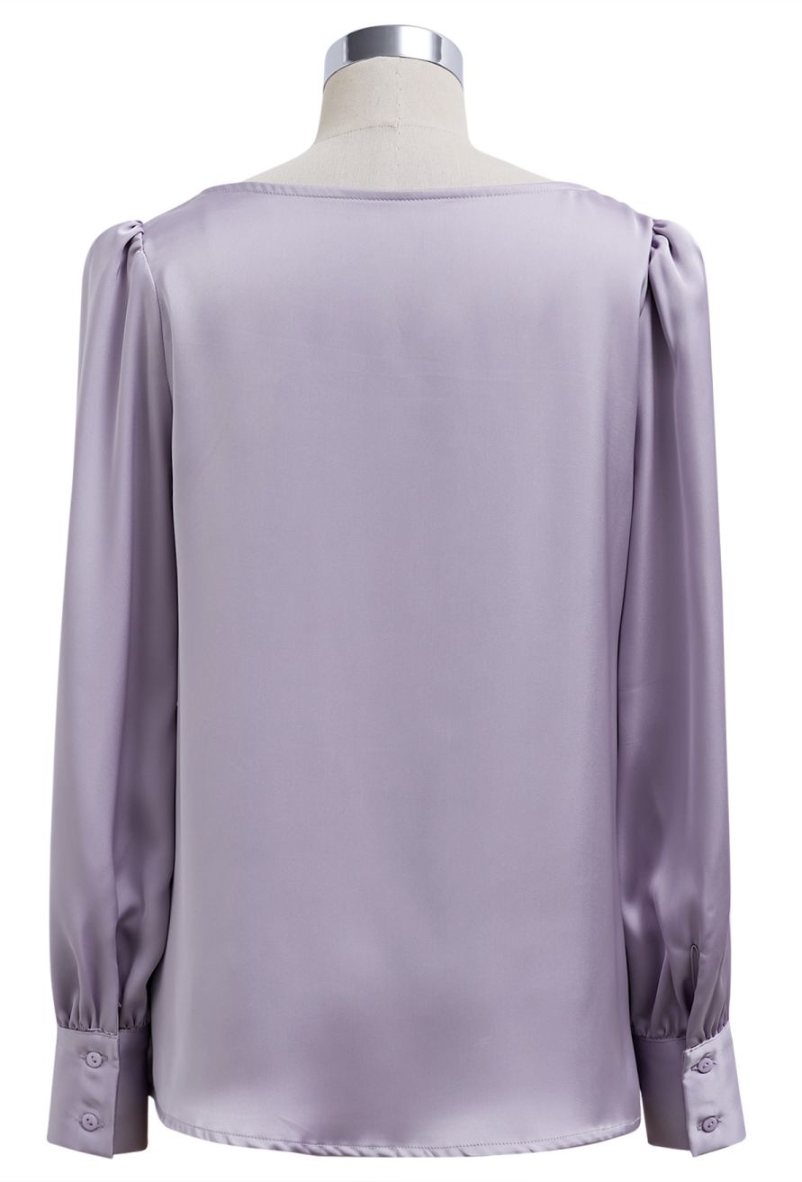 Sequins Floral Lace Drape Neck Satin Shirt in Lavender
