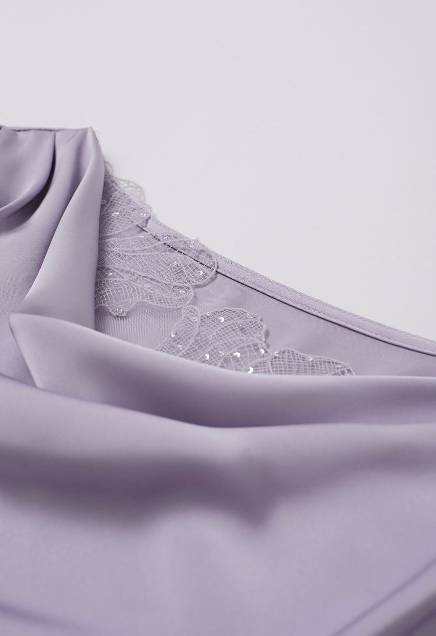 Sequins Floral Lace Drape Neck Satin Shirt in Lavender