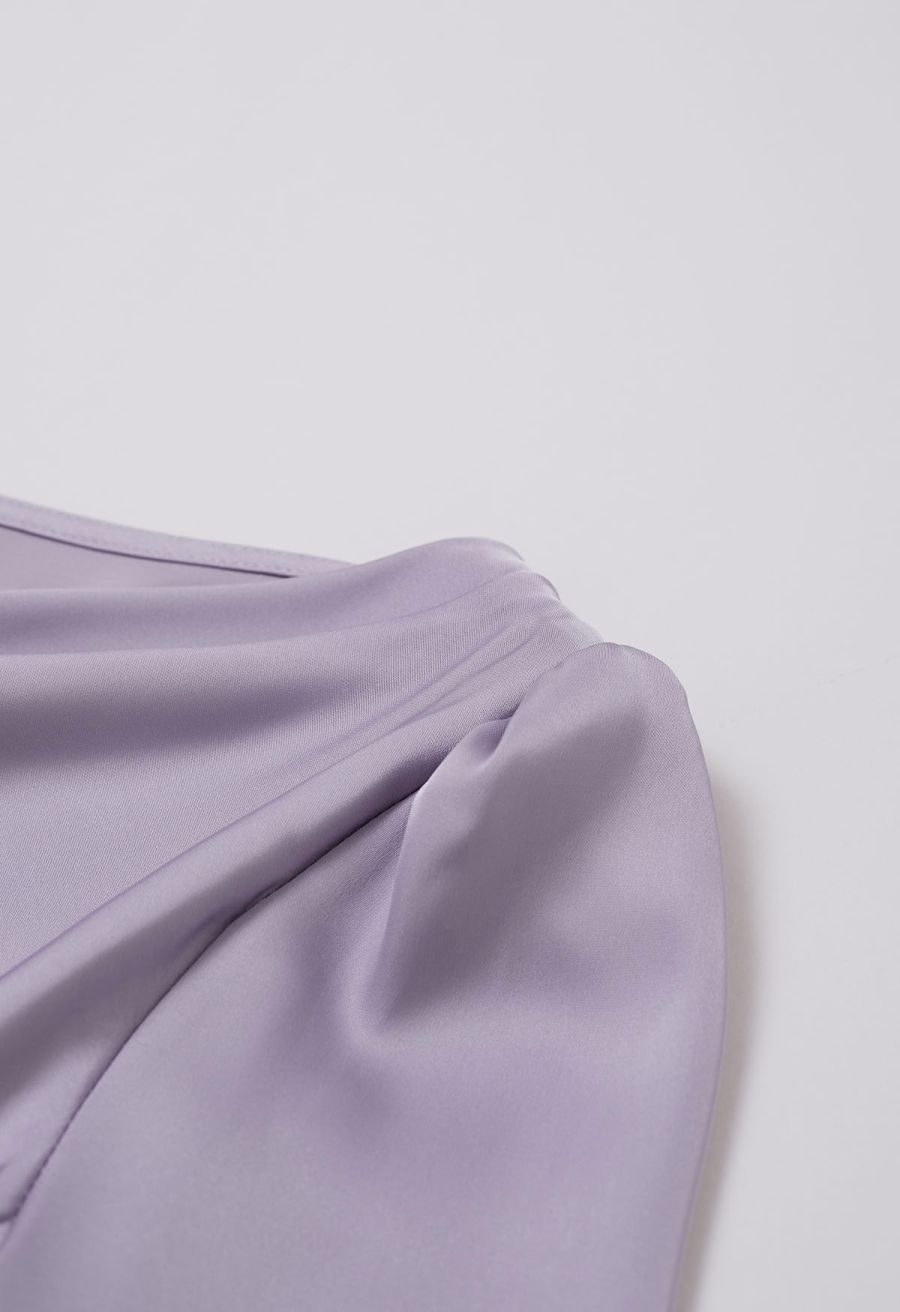 Sequins Floral Lace Drape Neck Satin Shirt in Lavender
