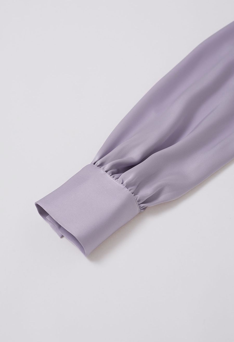 Sequins Floral Lace Drape Neck Satin Shirt in Lavender