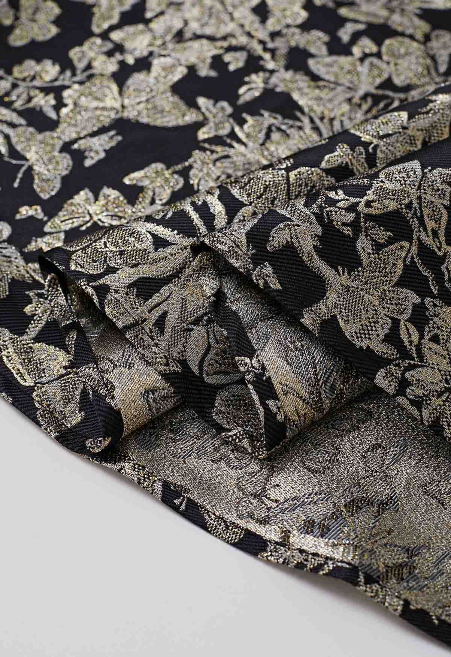Butterfly Garden Metallic Jacquard A-Line Midi Skirt in Black
