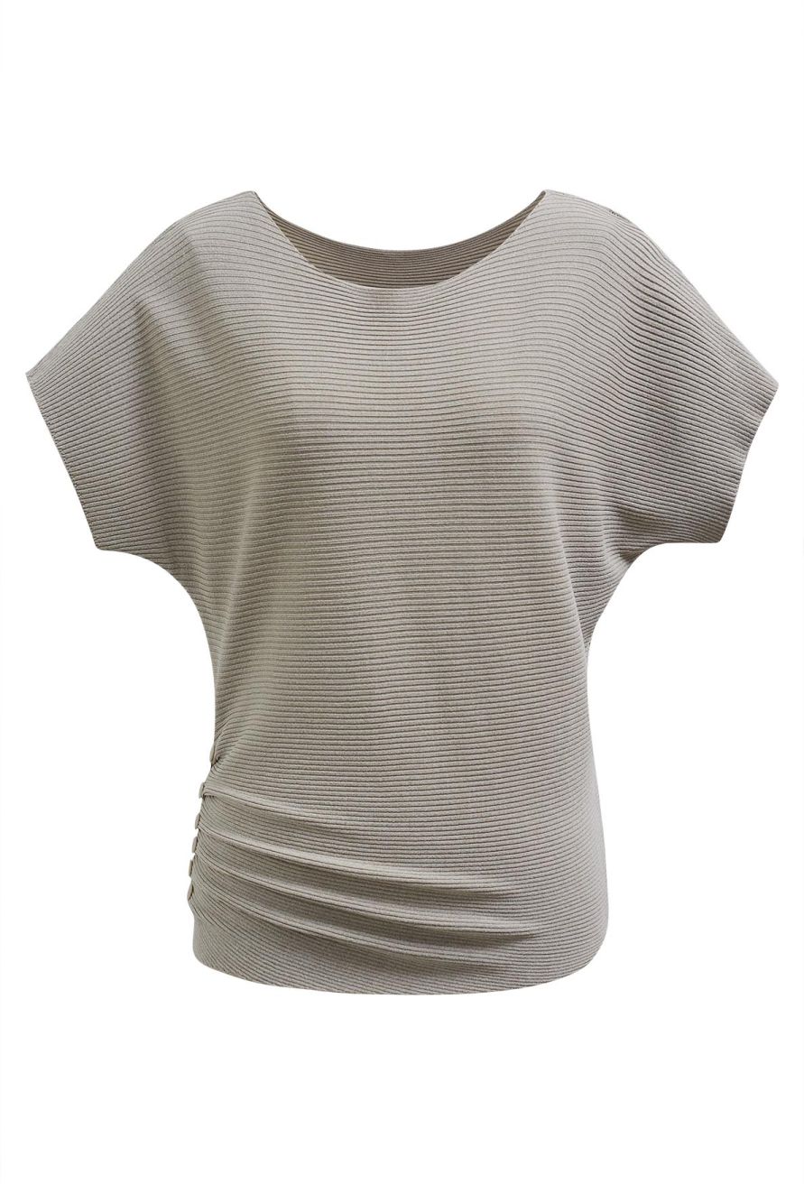 Side Buttons Decorated Short Sleeve Ribbed Knit Top in Khaki