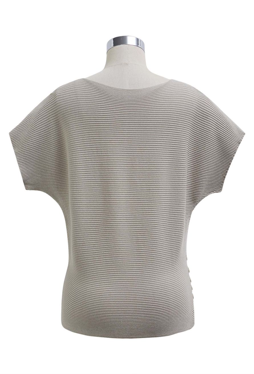 Side Buttons Decorated Short Sleeve Ribbed Knit Top in Khaki