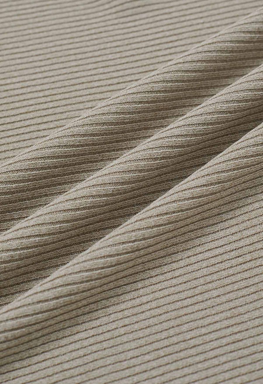 Side Buttons Decorated Short Sleeve Ribbed Knit Top in Khaki