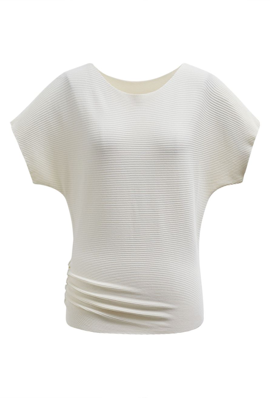 Side Buttons Decorated Short Sleeve Ribbed Knit Top in Cream