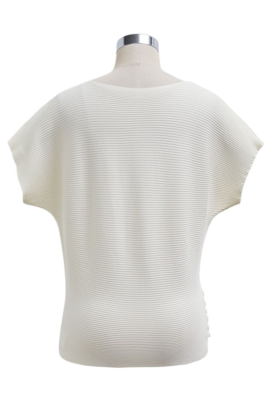 Side Buttons Decorated Short Sleeve Ribbed Knit Top in Cream
