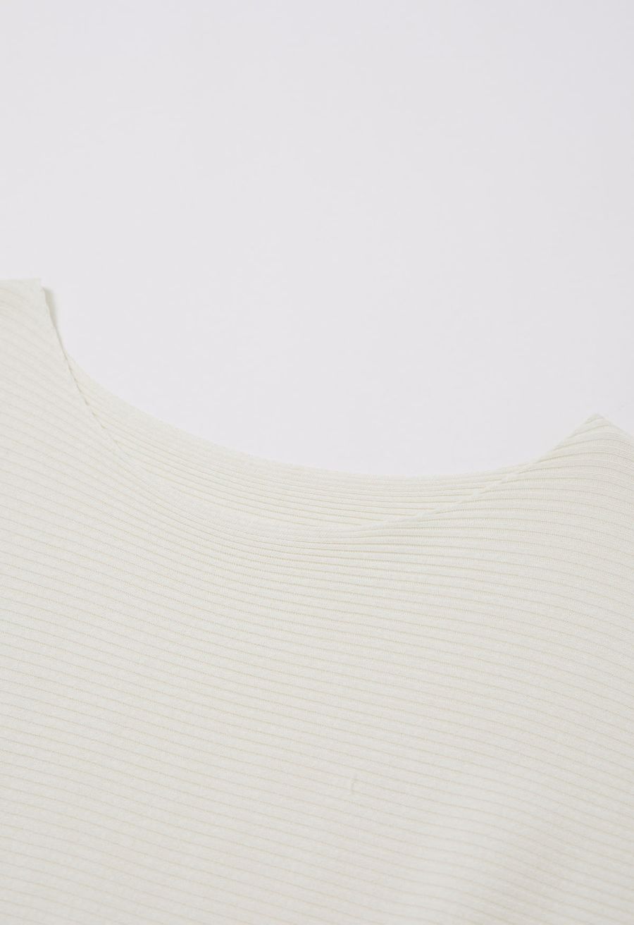Side Buttons Decorated Short Sleeve Ribbed Knit Top in Cream