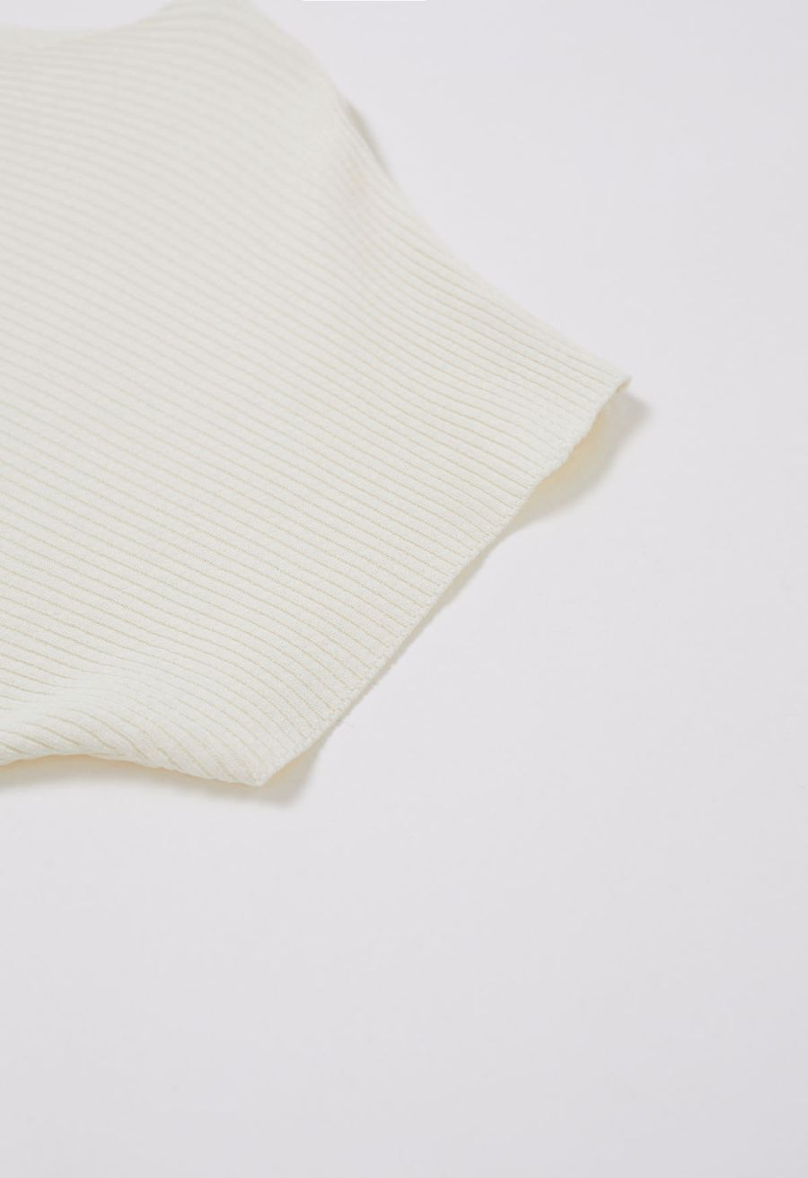 Side Buttons Decorated Short Sleeve Ribbed Knit Top in Cream