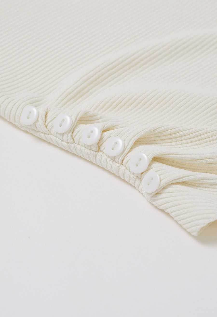 Side Buttons Decorated Short Sleeve Ribbed Knit Top in Cream