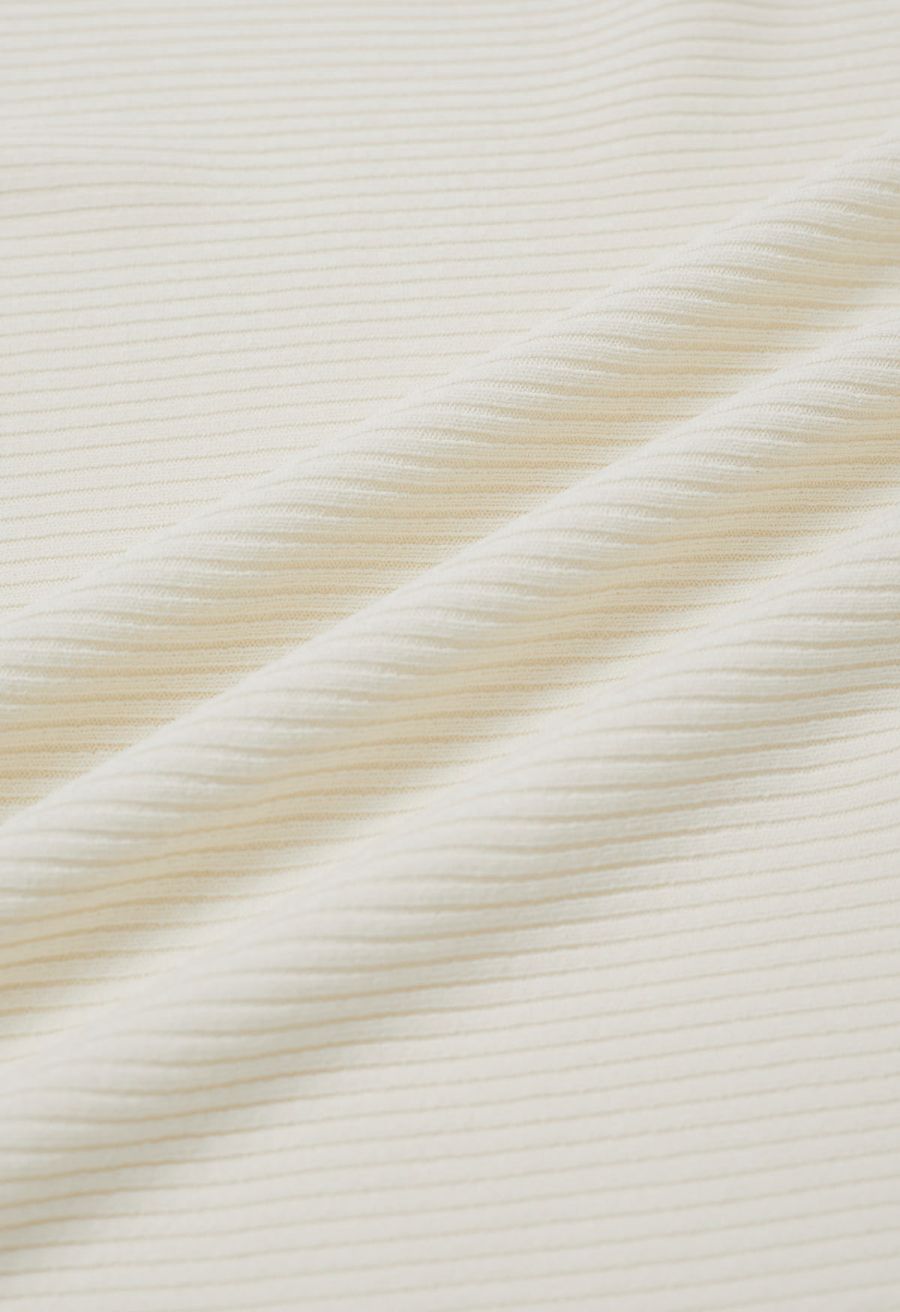 Side Buttons Decorated Short Sleeve Ribbed Knit Top in Cream