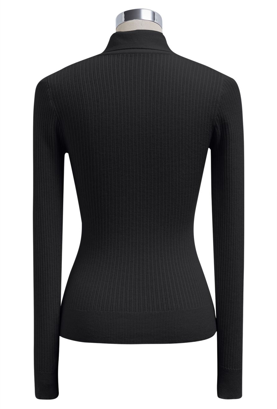 Golden Button Tie-Sash Knotted Fitted Knit Top in Black