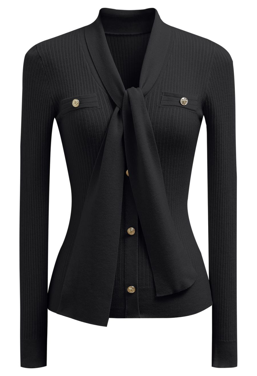 Golden Button Tie-Sash Knotted Fitted Knit Top in Black