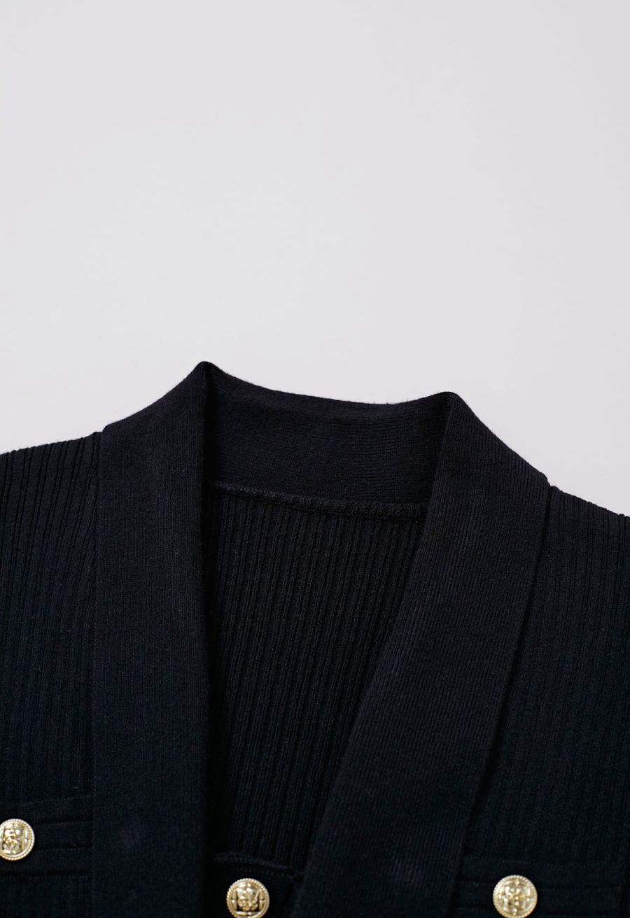 Golden Button Tie-Sash Knotted Fitted Knit Top in Black