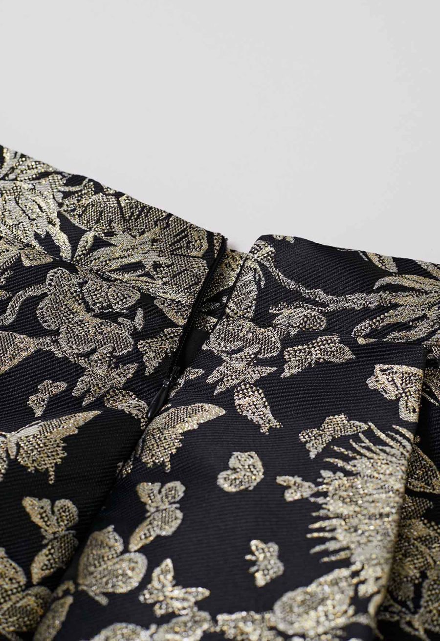 Butterfly Garden Metallic Jacquard A-Line Midi Skirt in Black