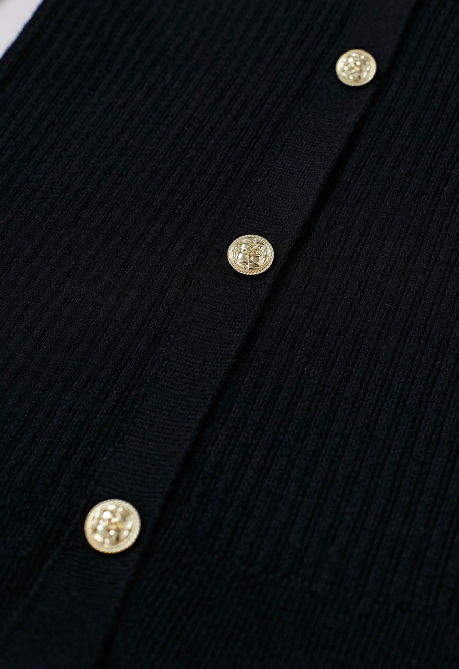 Golden Button Tie-Sash Knotted Fitted Knit Top in Black