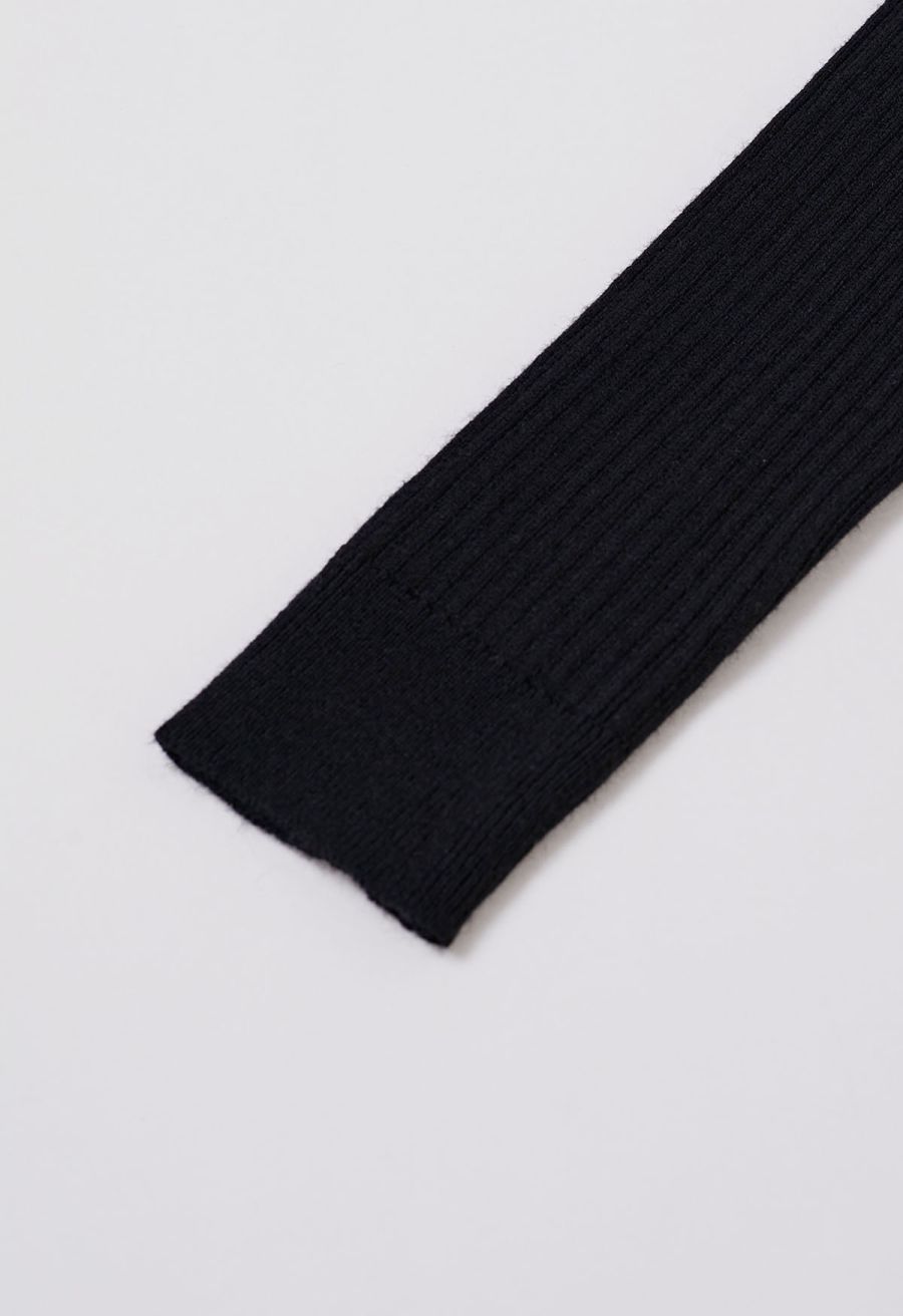 Golden Button Tie-Sash Knotted Fitted Knit Top in Black