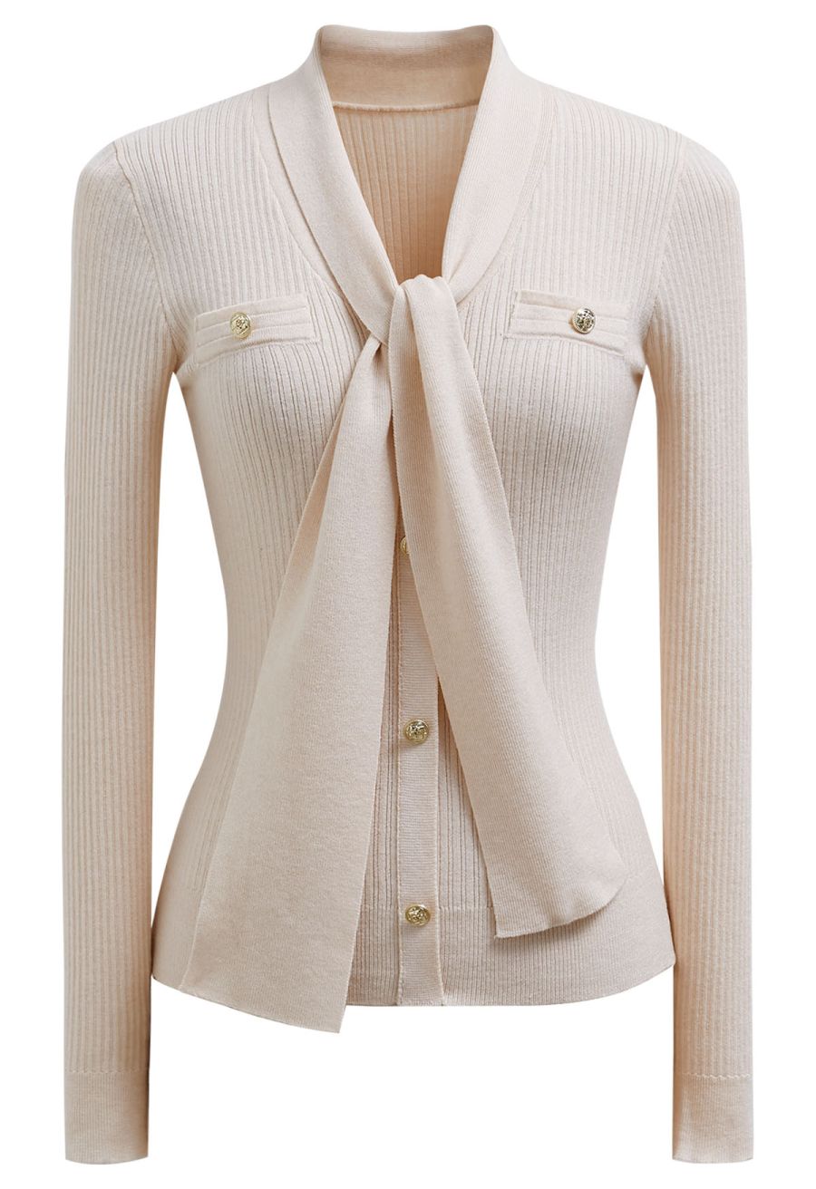 Golden Button Tie-Sash Knotted Fitted Knit Top in Nude