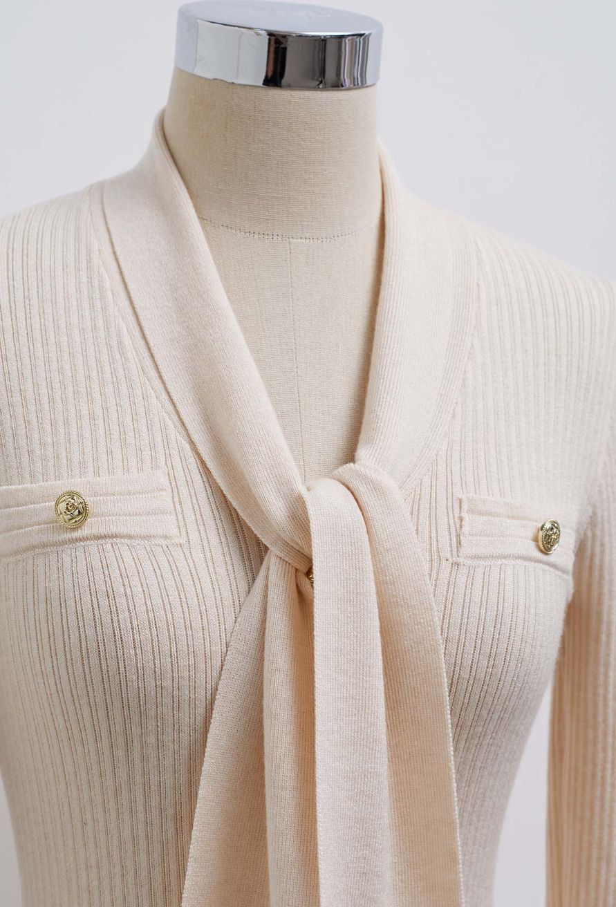 Golden Button Tie-Sash Knotted Fitted Knit Top in Nude