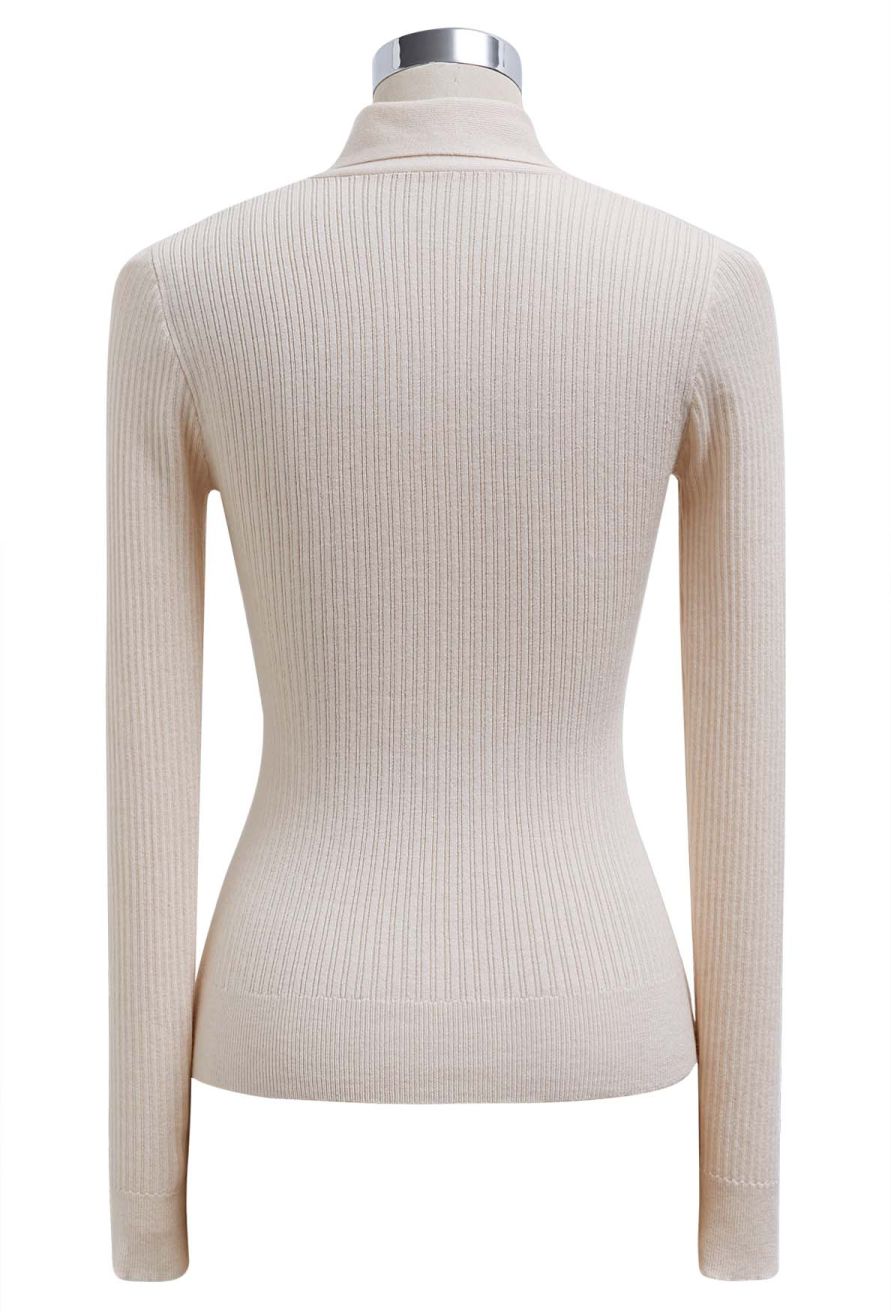 Golden Button Tie-Sash Knotted Fitted Knit Top in Nude