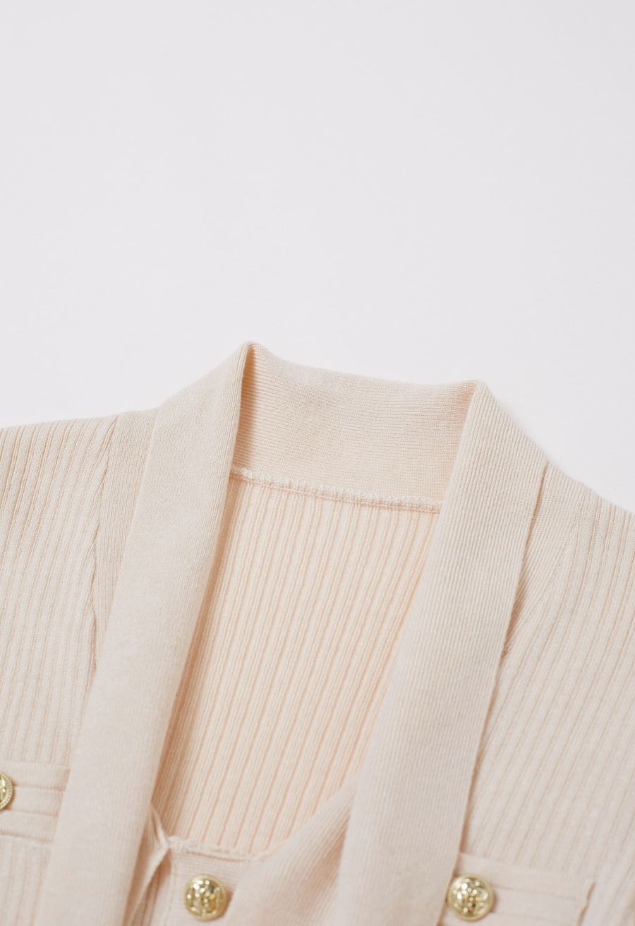 Golden Button Tie-Sash Knotted Fitted Knit Top in Nude