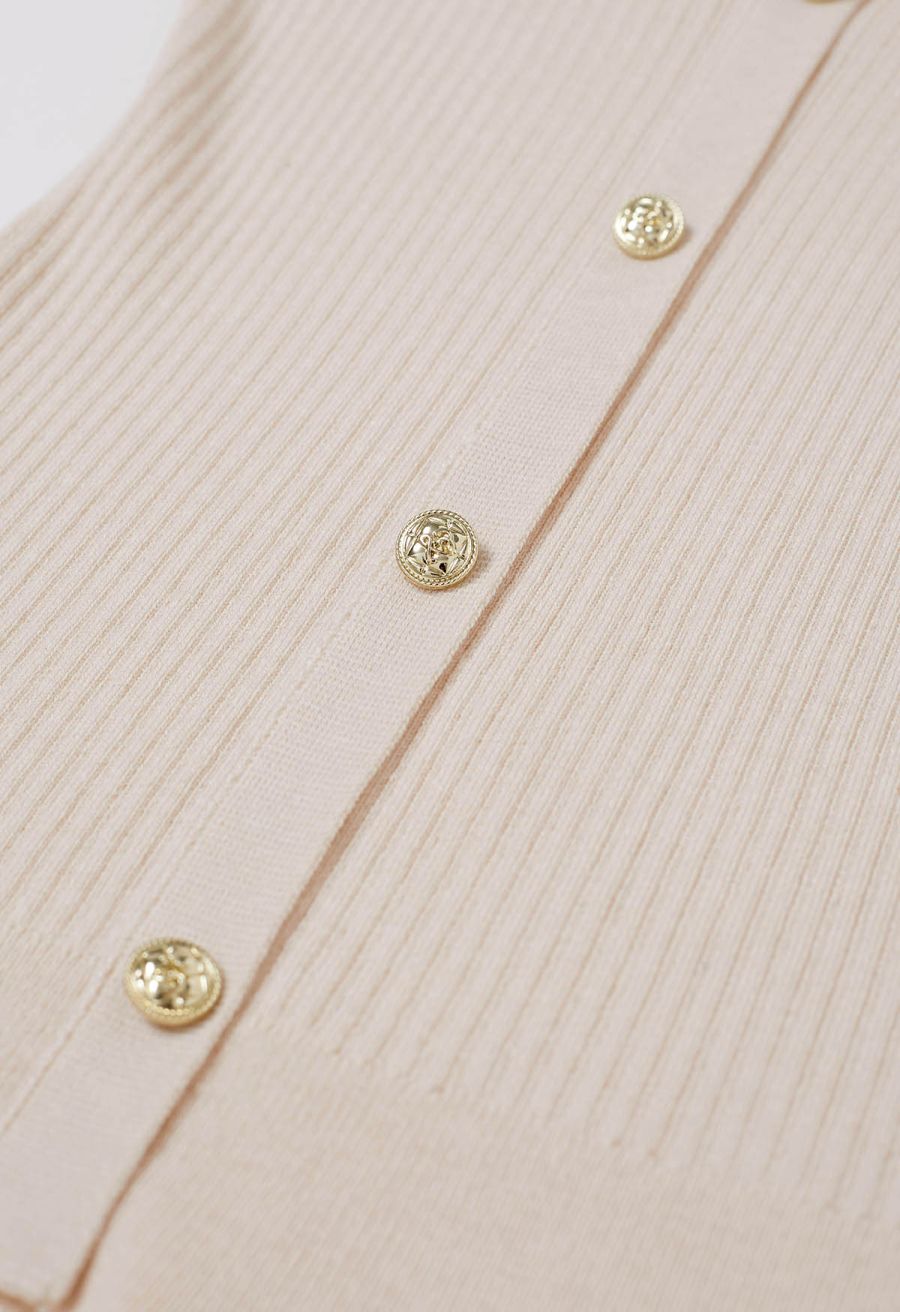 Golden Button Tie-Sash Knotted Fitted Knit Top in Nude