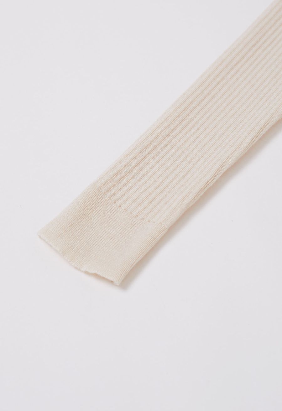 Golden Button Tie-Sash Knotted Fitted Knit Top in Nude