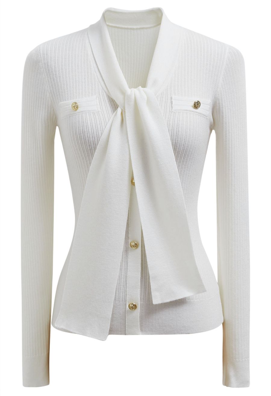 Golden Button Tie-Sash Knotted Fitted Knit Top in White
