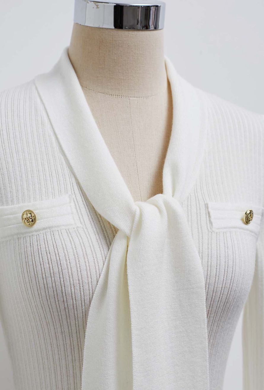 Golden Button Tie-Sash Knotted Fitted Knit Top in White