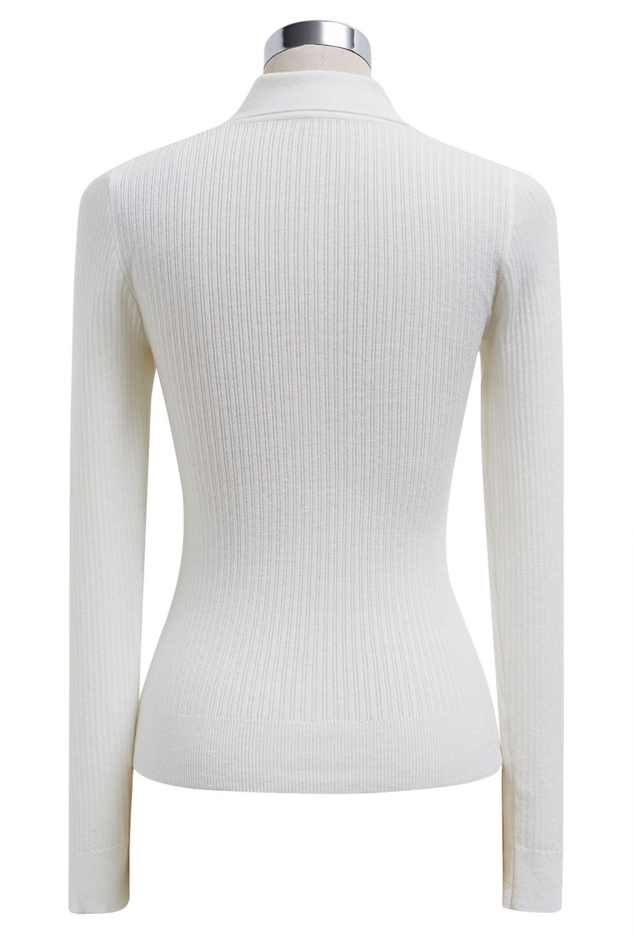 Golden Button Tie-Sash Knotted Fitted Knit Top in White