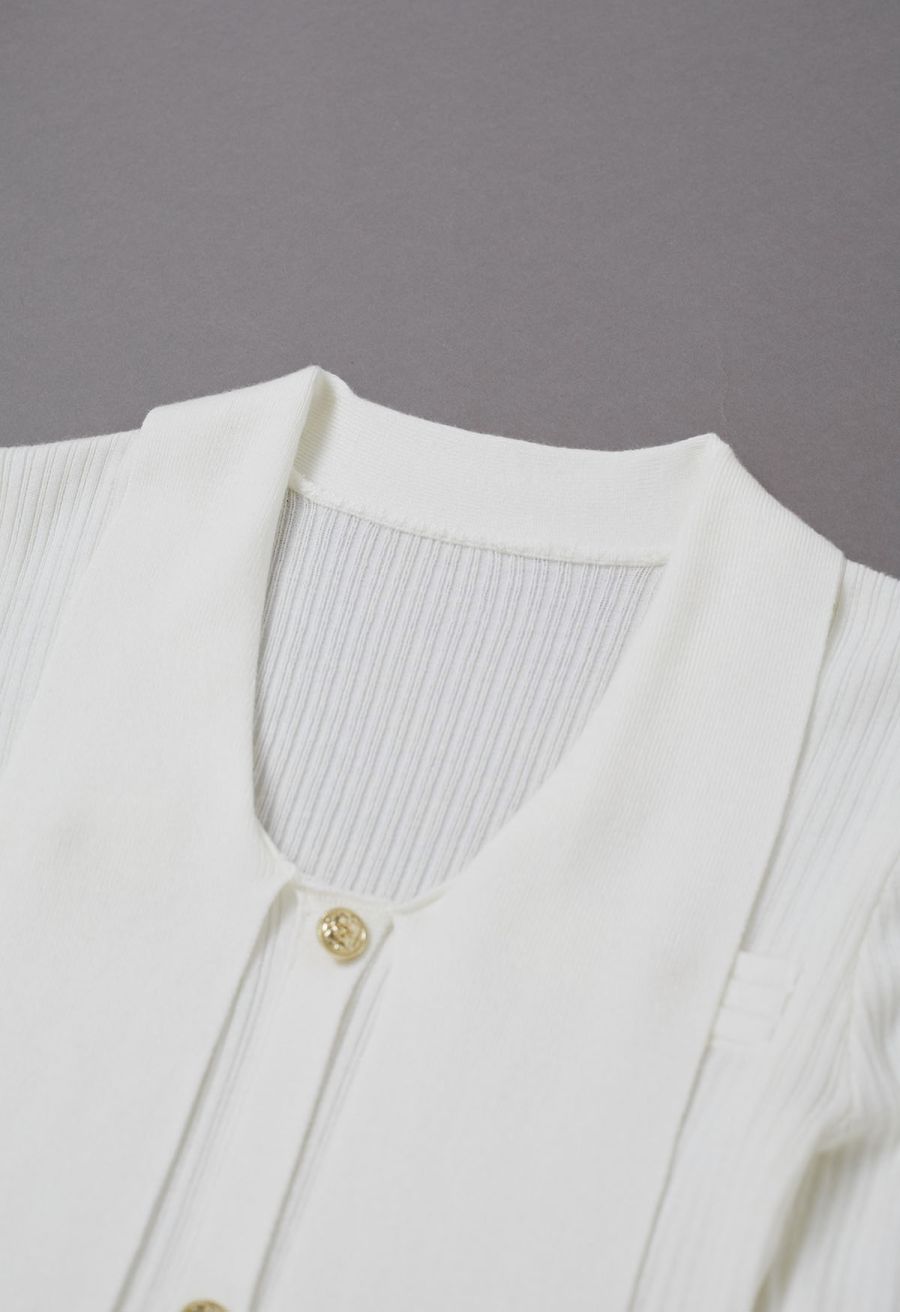 Golden Button Tie-Sash Knotted Fitted Knit Top in White