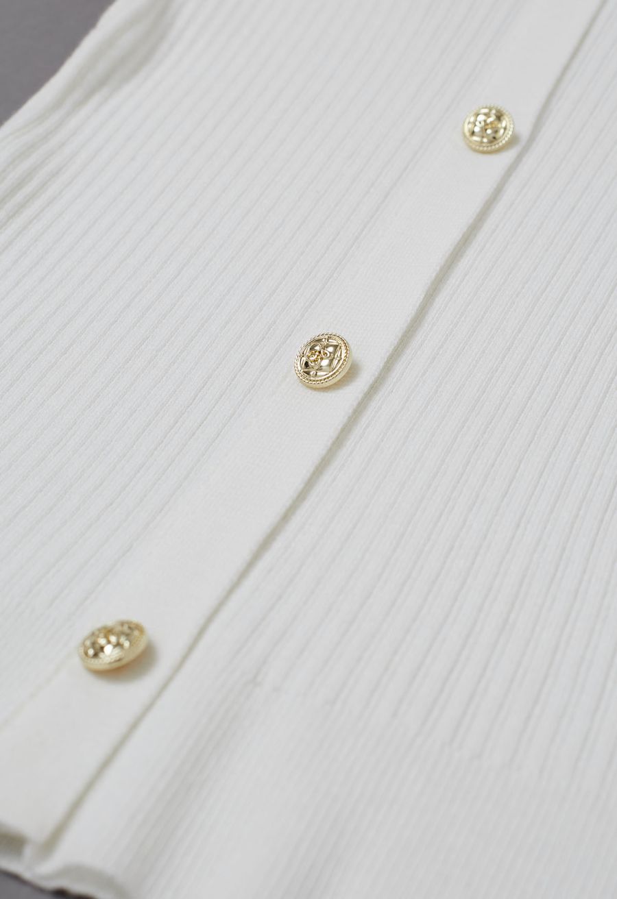 Golden Button Tie-Sash Knotted Fitted Knit Top in White