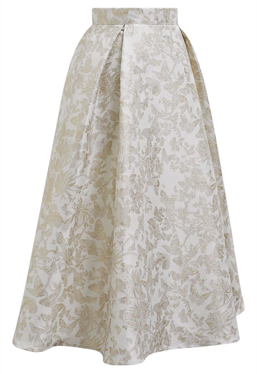 Butterfly Garden Metallic Jacquard A-Line Midi Skirt in Ivory