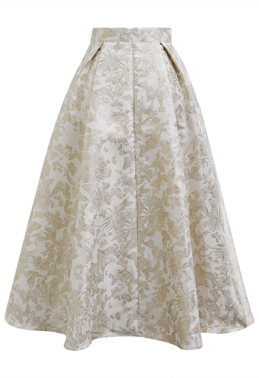 Butterfly Garden Metallic Jacquard A-Line Midi Skirt in Ivory