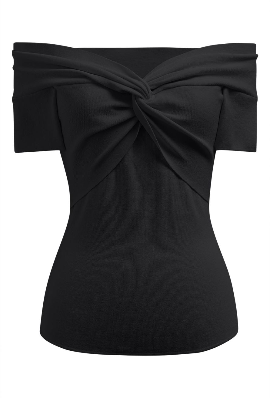 Twisted Off-Shoulder Short Sleeve Cropped Knit Top in Black