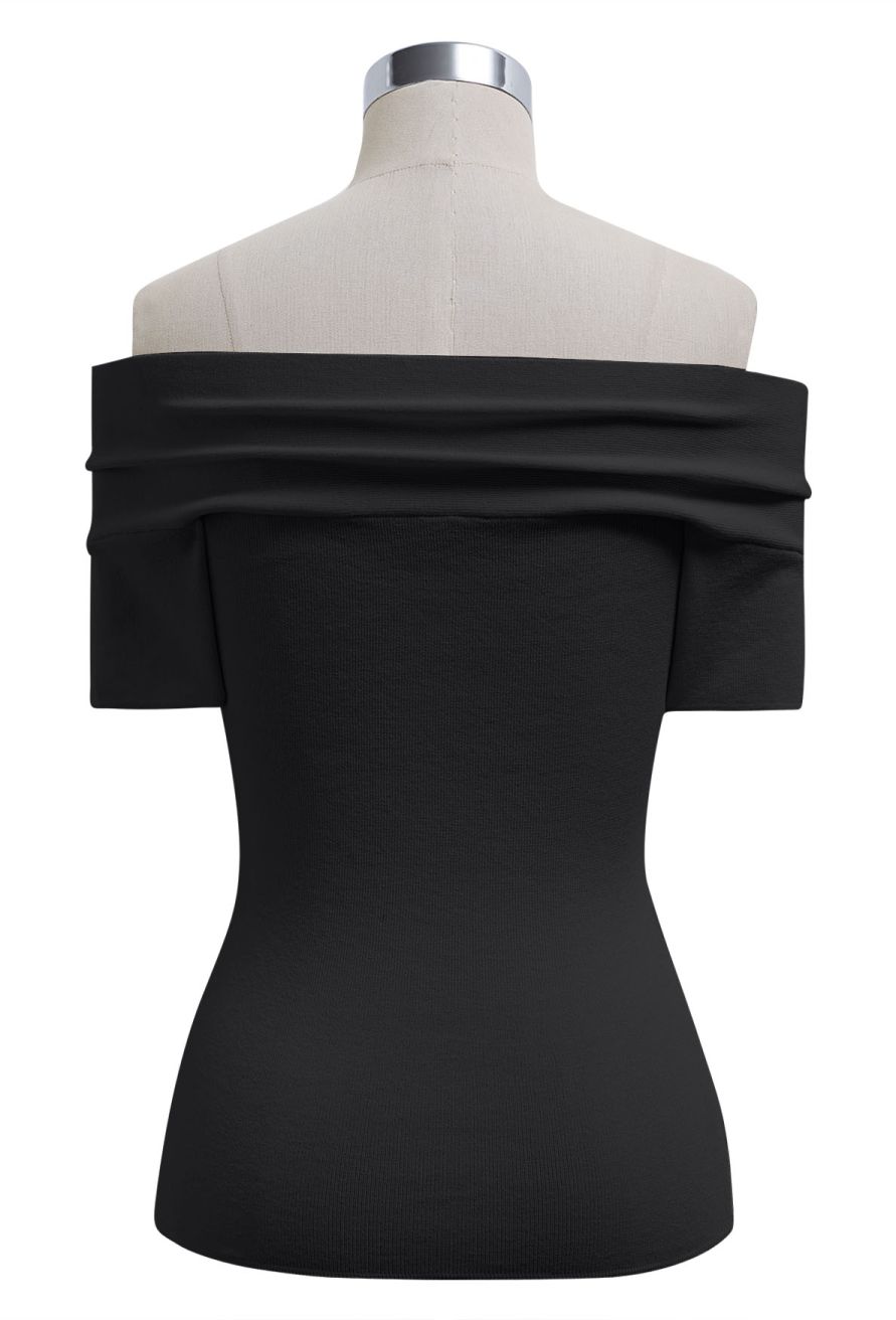 Twisted Off-Shoulder Short Sleeve Cropped Knit Top in Black