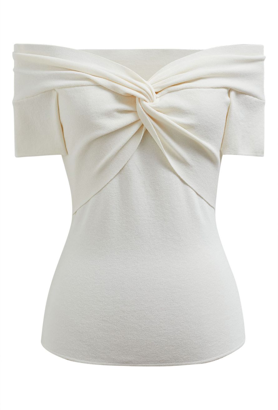 Twisted Off-Shoulder Short Sleeve Cropped Knit Top in Cream