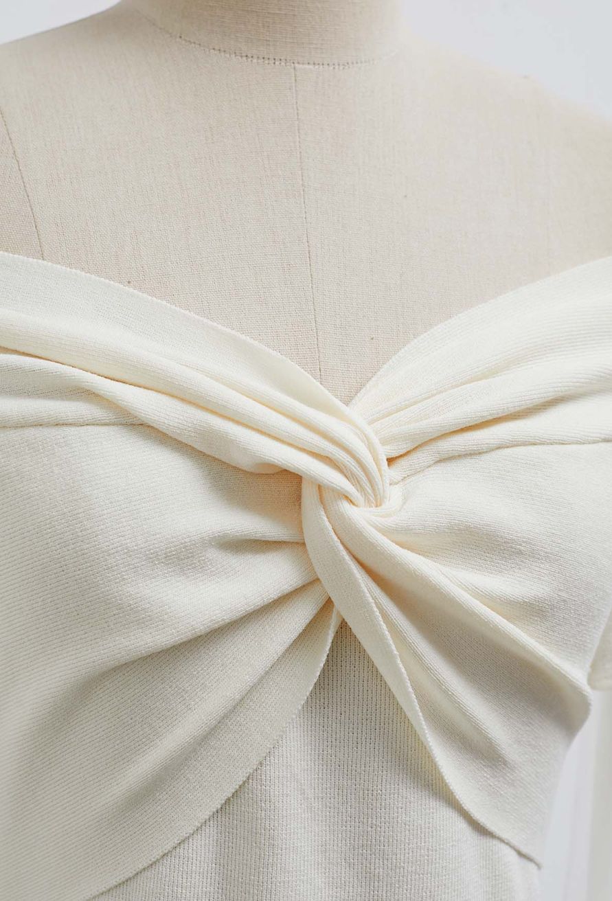 Twisted Off-Shoulder Short Sleeve Cropped Knit Top in Cream