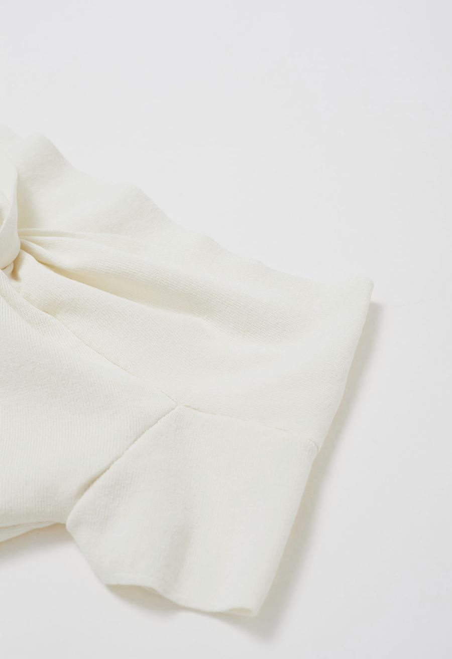 Twisted Off-Shoulder Short Sleeve Cropped Knit Top in Cream