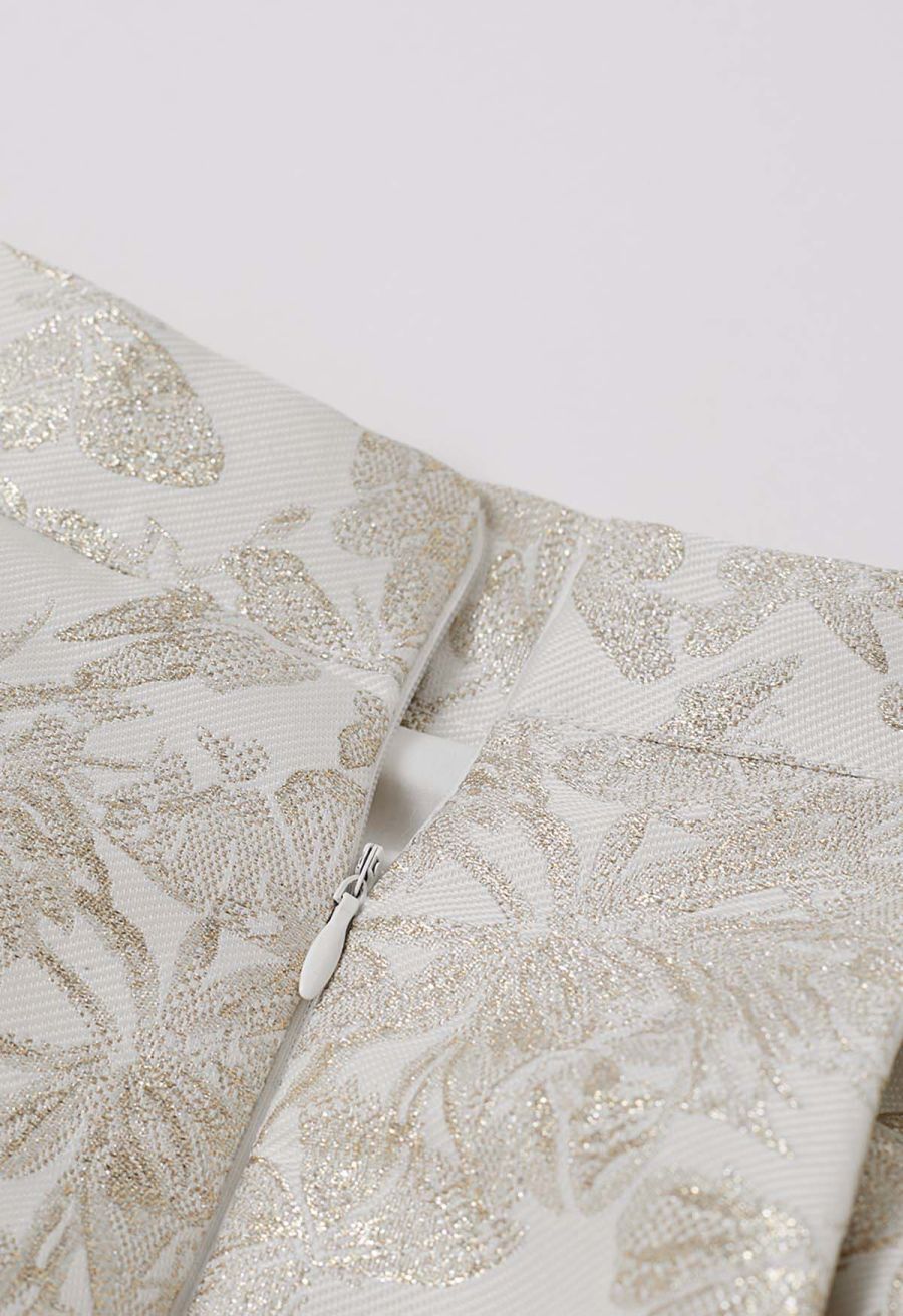 Butterfly Garden Metallic Jacquard A-Line Midi Skirt in Ivory