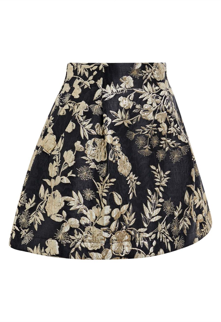 Golden Floral Jacquard Embossed Side Pocket Mini Skorts