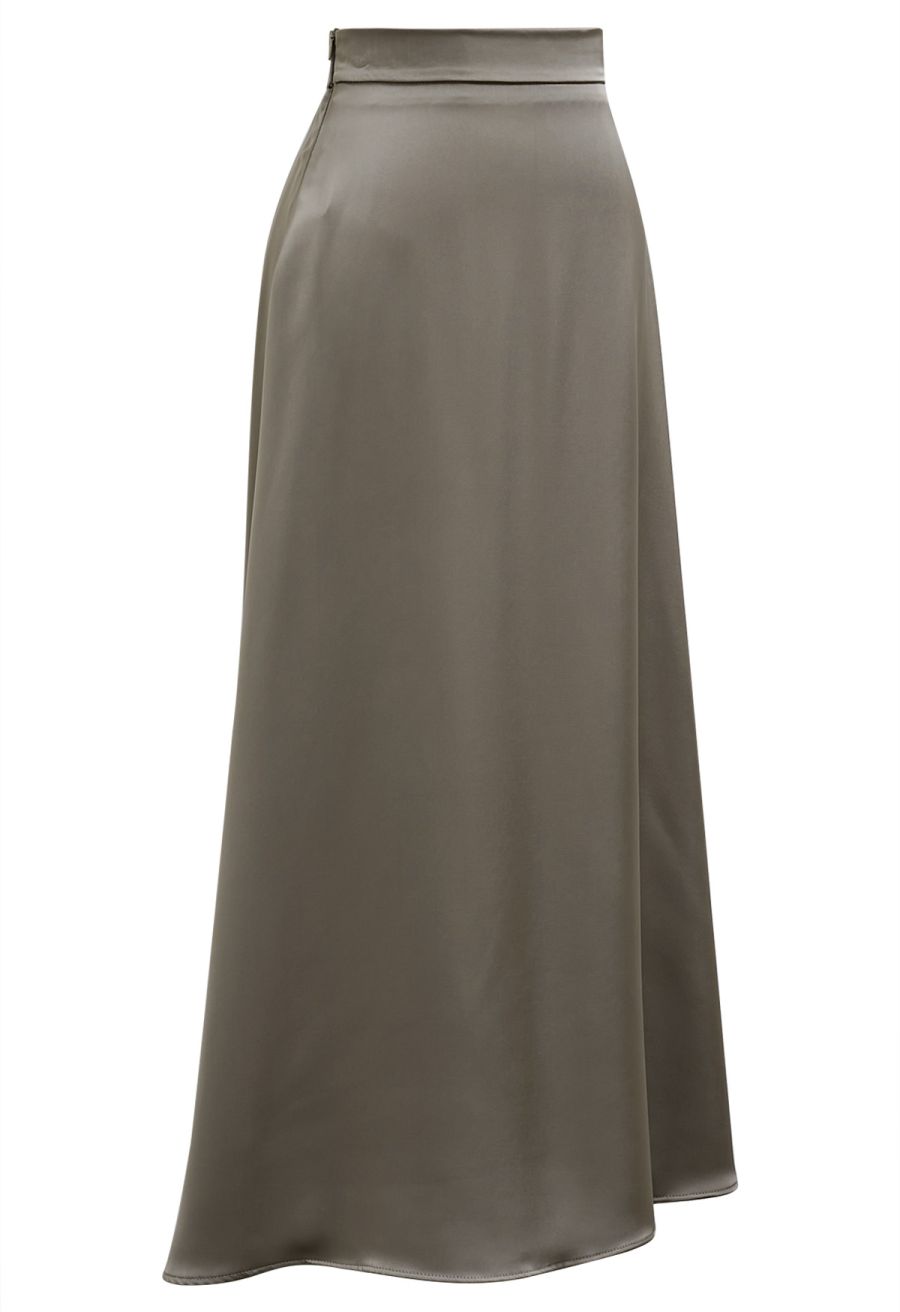 Lustrous Satin Flare Hem Maxi Skirt in Taupe