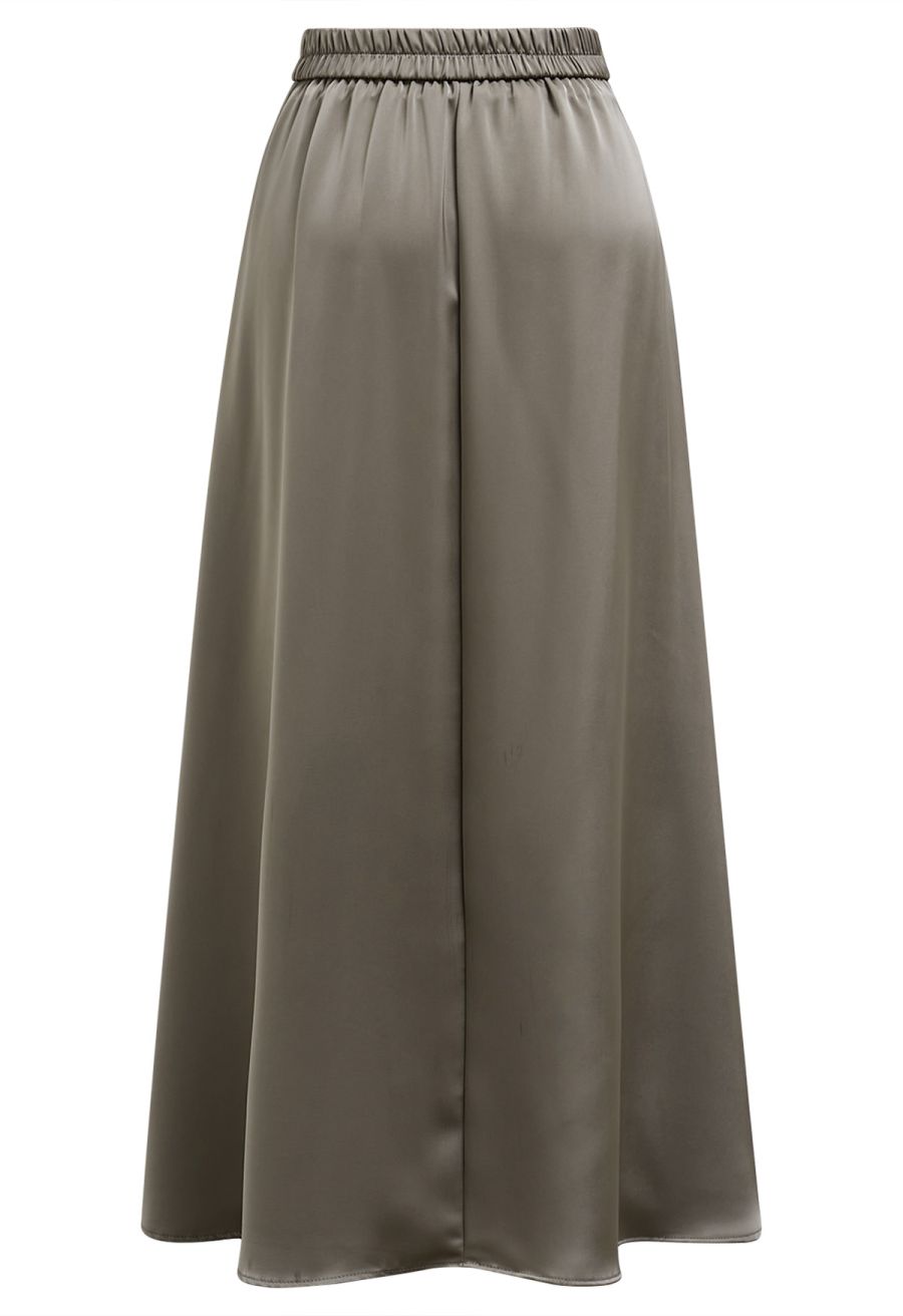 Lustrous Satin Flare Hem Maxi Skirt in Taupe